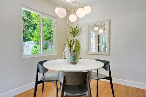 Dining room, Interior, Pendant Lights, Wood Texture Flooring