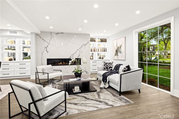 Fireplace, Interior, Living room, Marble Walls, Recessed Lighting, Wood Texture Flooring
