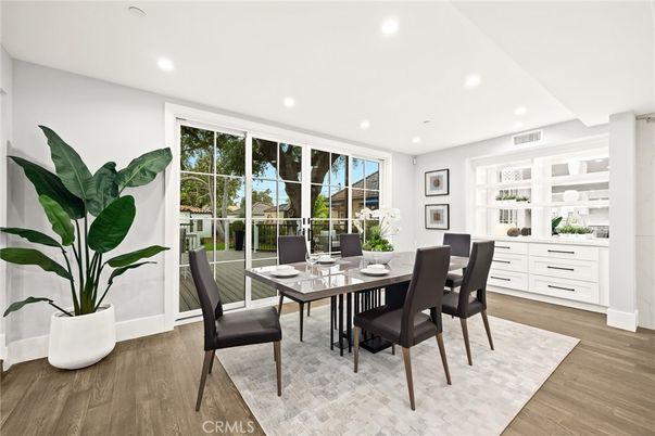 Dining room, Interior, Recessed Lighting, Wood Texture Flooring