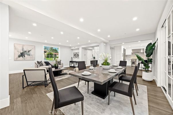 Dining room, Interior, Living room, Recessed Lighting, Wood Texture Flooring