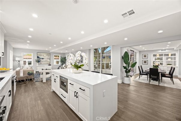 Dining room, Interior, Kitchen, Living room, Recessed Lighting, Wood Texture Flooring