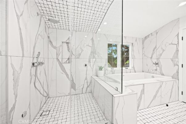 Bathroom, Glass Shower, Interior, Marble Walls, Recessed Lighting