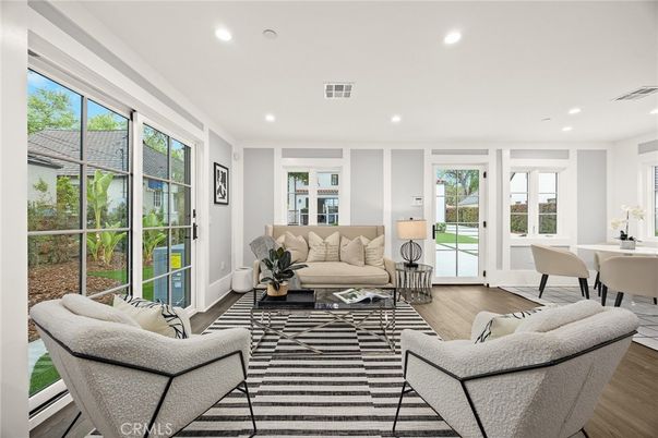 Dining room, Interior, Living room, Recessed Lighting, Wood Texture Flooring