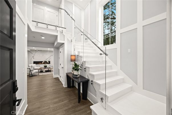 Interior, Marble Walls, Recessed Lighting, Wood Texture Flooring