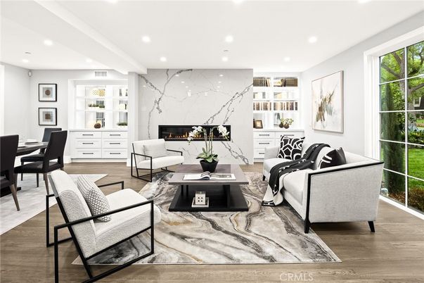 Dining room, Fireplace, Interior, Living room, Marble Walls, Recessed Lighting, Wood Texture Flooring