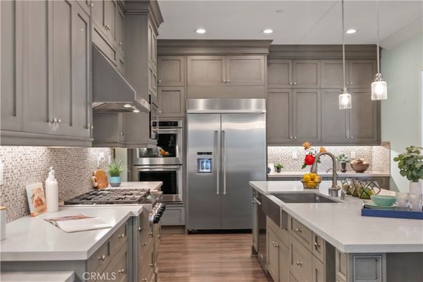Interior, Kitchen, Pendant Lights, Recessed Lighting, Stainless Steel Appliances, Wood Texture Flooring
