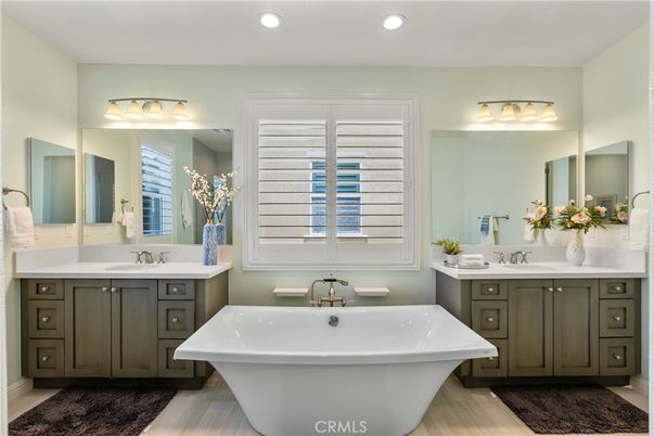 Bathroom, Dual Sink Vanities, Free Standing Baths, Interior, Recessed Lighting, Wood Texture Flooring