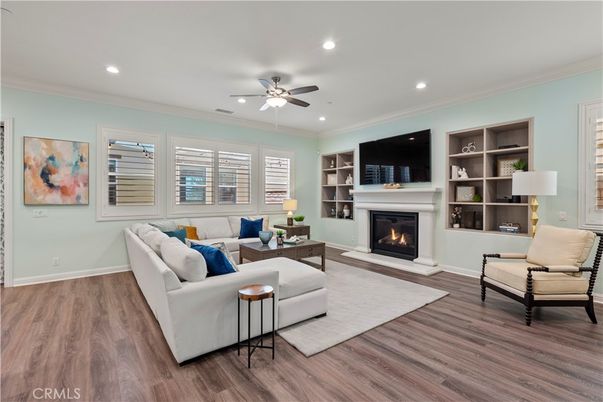 Fireplace, Interior, Living room, Recessed Lighting, Wood Texture Flooring