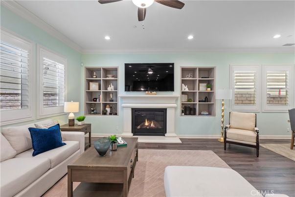 Fireplace, Interior, Living room, Recessed Lighting, Wood Texture Flooring