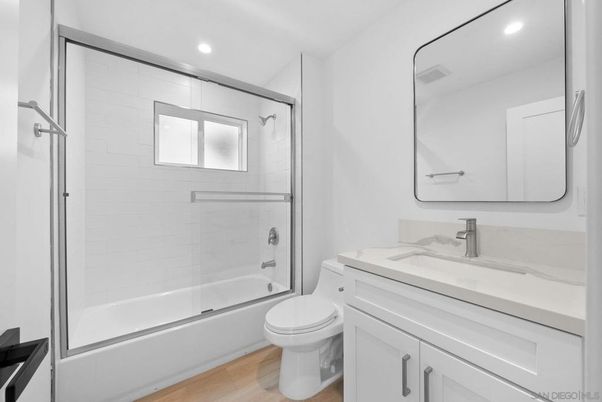 Bathroom, Glass Shower, Interior, Recessed Lighting, Wood Texture Flooring