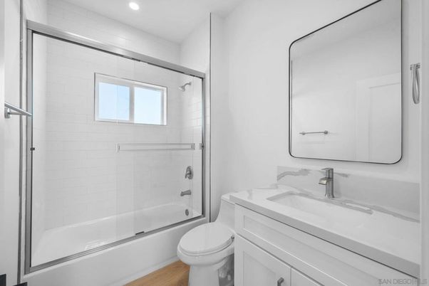 Bathroom, Glass Shower, Interior, Recessed Lighting, Wood Texture Flooring