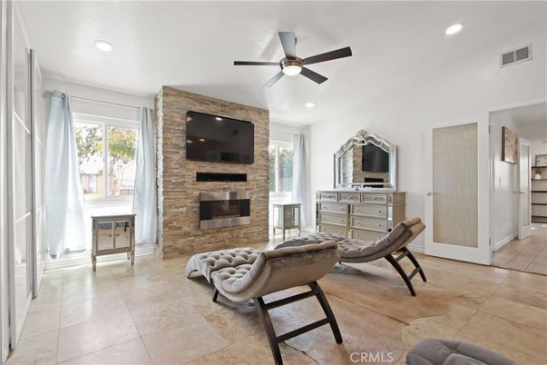 Fireplace, Interior, Recessed Lighting, Stone Walls
