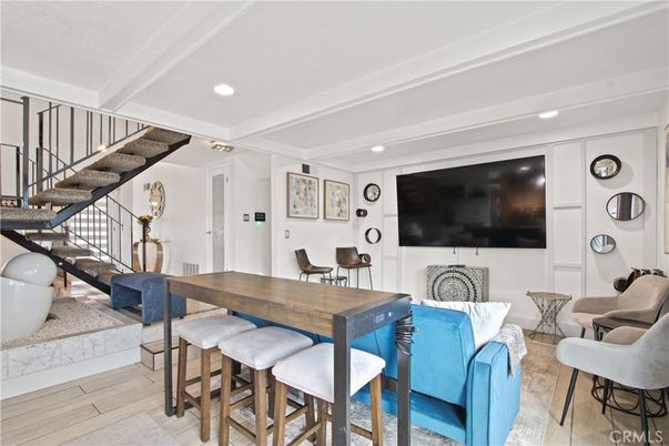 Dining room, Interior, Living room, Recessed Lighting, Wood Texture Flooring