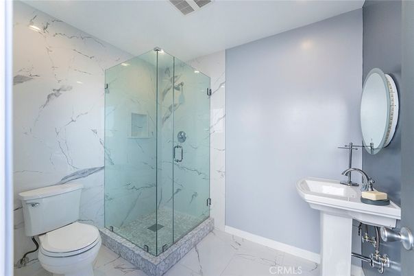 Bathroom, Glass Shower, Interior, Marble, Marble Walls, Recessed Lighting