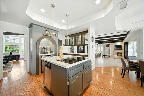Dining room, Fireplace, Interior, Kitchen, Pendant Lights, Recessed Lighting, Stainless Steel Appliances, Wood Texture Flooring