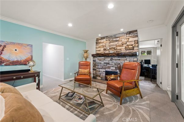 Fireplace, Interior, Living room, Recessed Lighting, Stone Walls