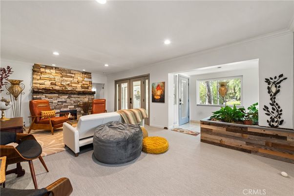 Fireplace, Interior, Living room, Recessed Lighting, Stone Walls