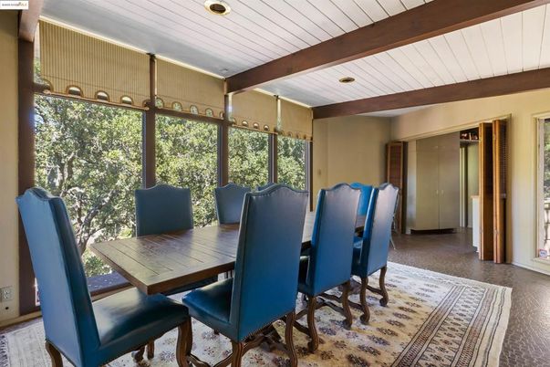 Dining room, Interior, Recessed Lighting, Wooden Beams