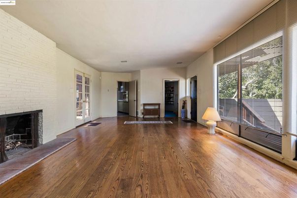 Empty room, Fireplace, Interior, Stone Walls, Wood Texture Flooring