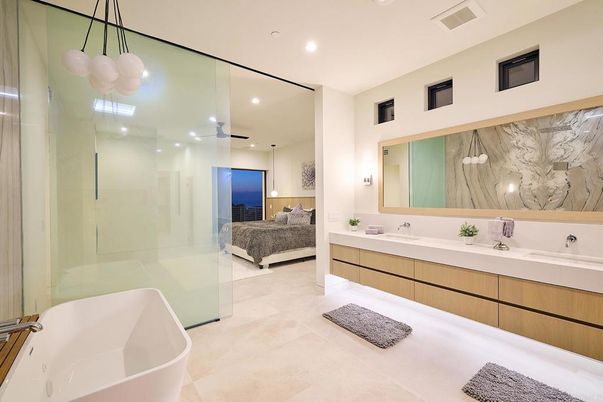 Bathroom, Bedroom, Dual Sink Vanities, Free Standing Baths, Glass Shower, Interior, Pendant Lights, Recessed Lighting
