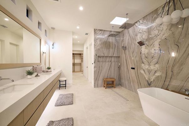 Bathroom, Dual Sink Vanities, Free Standing Baths, Glass Shower, Interior, Marble Walls, Recessed Lighting