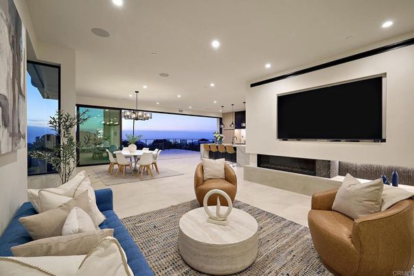 Dining room, Fireplace, Interior, Living room, Pendant Lights, Recessed Lighting, Water