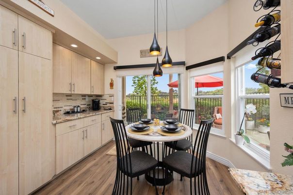 Dining room, Interior, Kitchen, Pendant Lights, Recessed Lighting, Wood Texture Flooring