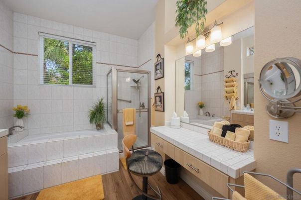 Bathroom, Glass Shower, Interior, Tile Countertops, Wood Texture Flooring