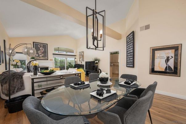 Dining room, Fireplace, Interior, Living room, Pendant Lights, Wood Texture Flooring