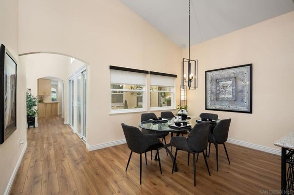 Dining room, Interior, Pendant Lights, Wood Texture Flooring