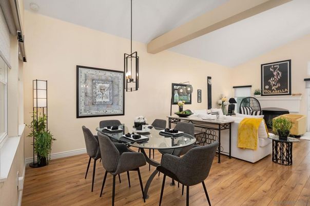 Dining room, Fireplace, Interior, Pendant Lights, Wood Texture Flooring