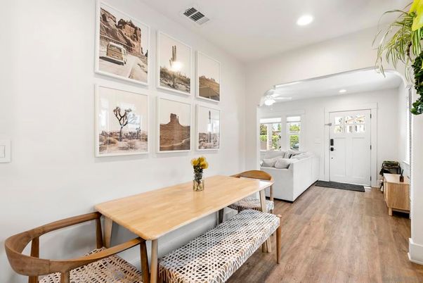 Dining room, Interior, Living room, Recessed Lighting, Wood Texture Flooring