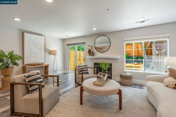 Fireplace, Interior, Living room, Recessed Lighting, Wood Texture Flooring