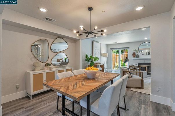 Dining room, Fireplace, Interior, Pendant Lights, Recessed Lighting, Wood Texture Flooring