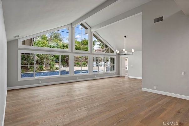 Chandelier, Empty room, Interior, Pendant Lights, Wood Texture Flooring