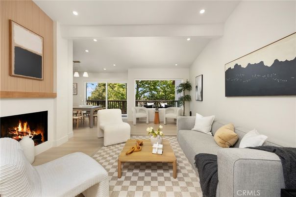 Dining room, Fireplace, Interior, Living room, Pendant Lights, Recessed Lighting, Wood Texture Flooring