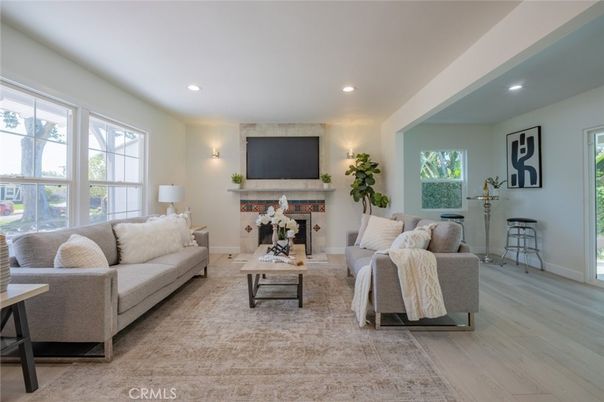 Fireplace, Interior, Living room, Recessed Lighting, Wood Texture Flooring