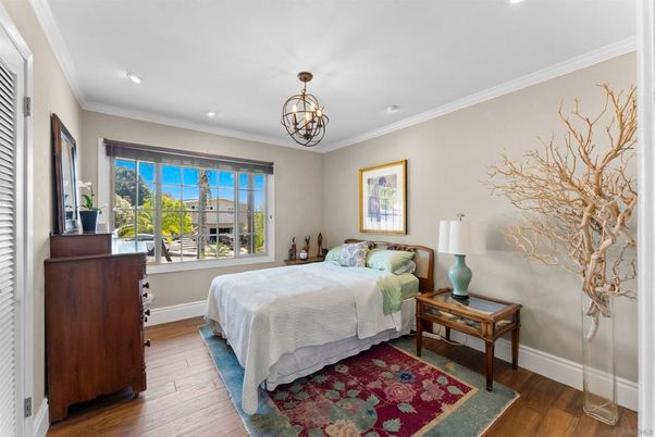 Bedroom, Chandelier, Interior, Recessed Lighting, Wood Texture Flooring