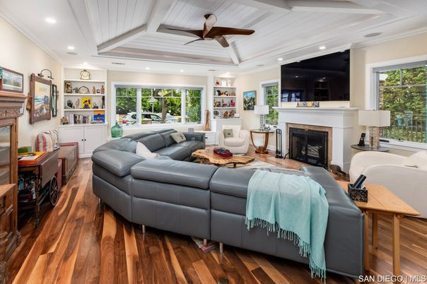 Fireplace, Interior, Living room, Recessed Lighting, Wood Texture Flooring