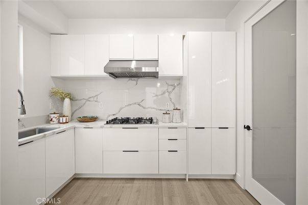 Interior, Kitchen, Marble Walls, Wood Texture Flooring