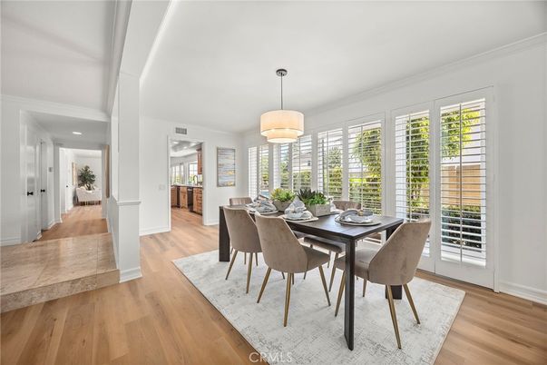 Dining room, Interior, Pendant Lights, Recessed Lighting, Wood Texture Flooring