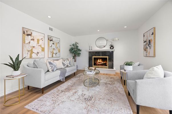 Fireplace, Interior, Living room, Recessed Lighting, Wood Texture Flooring