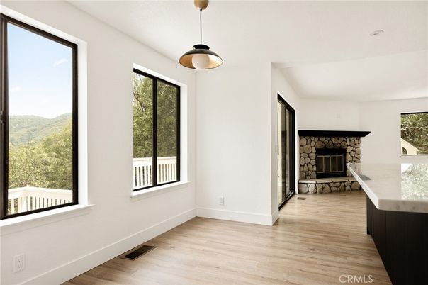 Empty room, Fireplace, Interior, Pendant Lights, Wood Texture Flooring
