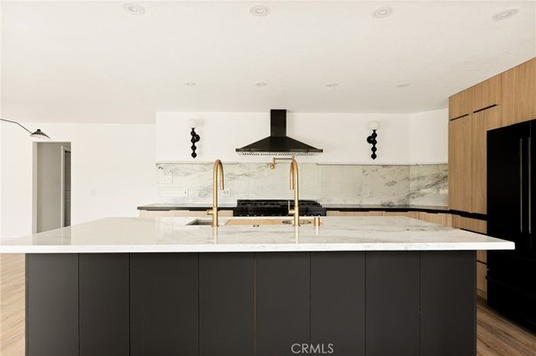 Interior, Kitchen, Marble Walls, Recessed Lighting, Wood Texture Flooring