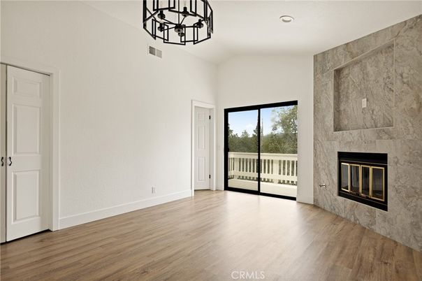 Empty room, Fireplace, Interior, Recessed Lighting, Wood Texture Flooring