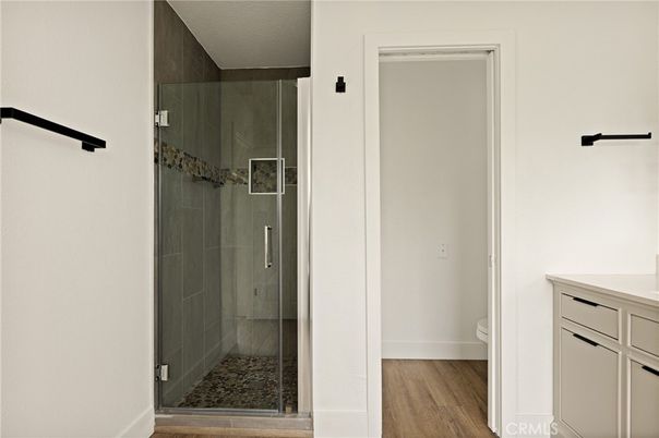 Bathroom, Glass Shower, Interior, Wood Texture Flooring