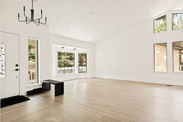 Chandelier, Empty room, Interior, Recessed Lighting, Wood Texture Flooring