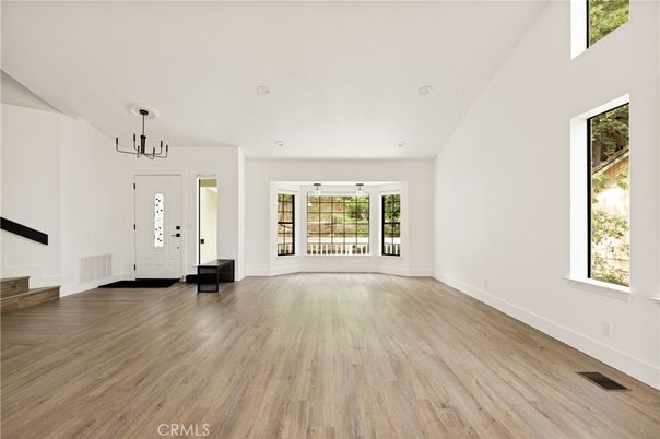Empty room, Interior, Pendant Lights, Wood Texture Flooring