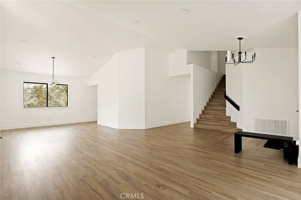 Empty room, Interior, Pendant Lights, Recessed Lighting, Wood Texture Flooring