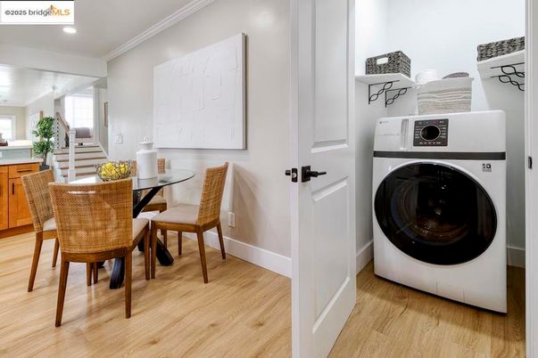 Dining room, Interior, Recessed Lighting, Utility Closets, Washer, Wood Texture Flooring